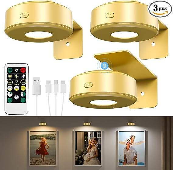 3PCS Picture Lights with Remote, Wireless Rechargeable Battery Wall Light for Paintings, 3 Colors... | Amazon (US)