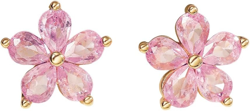 Dainty Pink Simulated CZ Flower Stud Earrings for Women Cute Sparkly Floral Fashion Wedding Party... | Amazon (US)