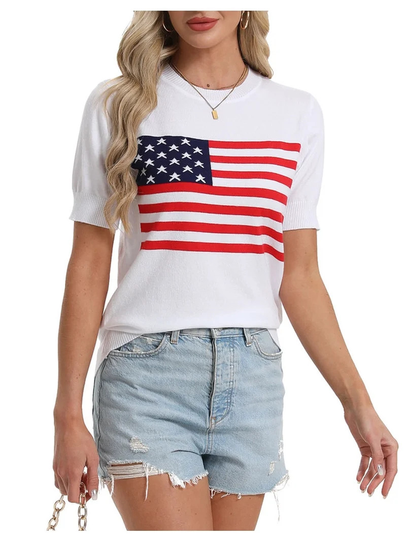 Blouses Tops for Women 4Th of July American Flag Printed Short Sleeve Knited Sweater Pullover Top... | Walmart (US)