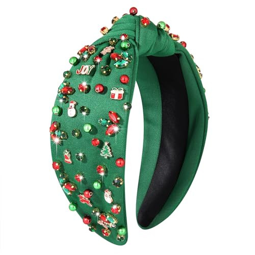 Christmas Headband Crystal Knotted Headbands for Women Girls Xmas Tree Snowman Rhinestone Pearl Jeweled Embellished Wide Top Knot Hairband Xmas Holiday Party Hair Accessories | Amazon (US)