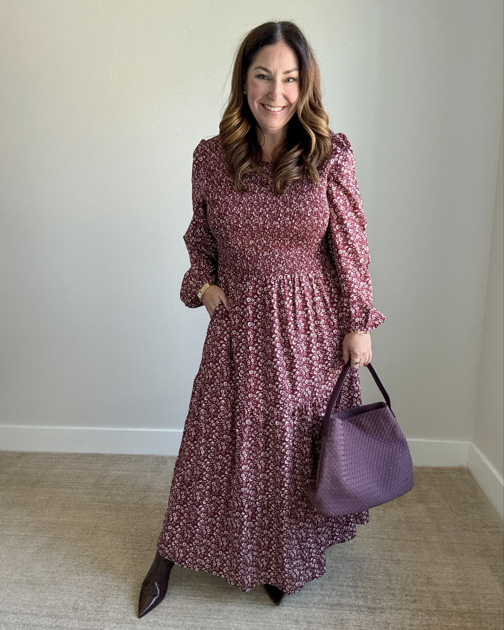 Amazon Fall Long Sleeve Wine Red Floral Dress | Wearing, L #falldress #falloutfit #fallfamilyphoto #casualdress 

 #LTKOver40 #LTKMidsize #LTKFindsUnder50