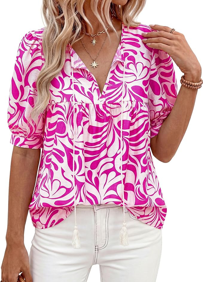 PRETTYGARDEN Womens Summer Boho Tops 2026 Vacation Outfits Casual Tie Front V Neck Peasant Blouse... | Amazon (US)