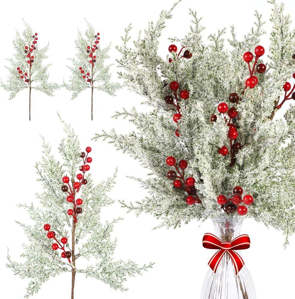 6Pcs Christmas Red Berries Stems Pine Branches with Snow 16.5Inch Frosted Faux Cedar Sprays Artif... | Amazon (US)
