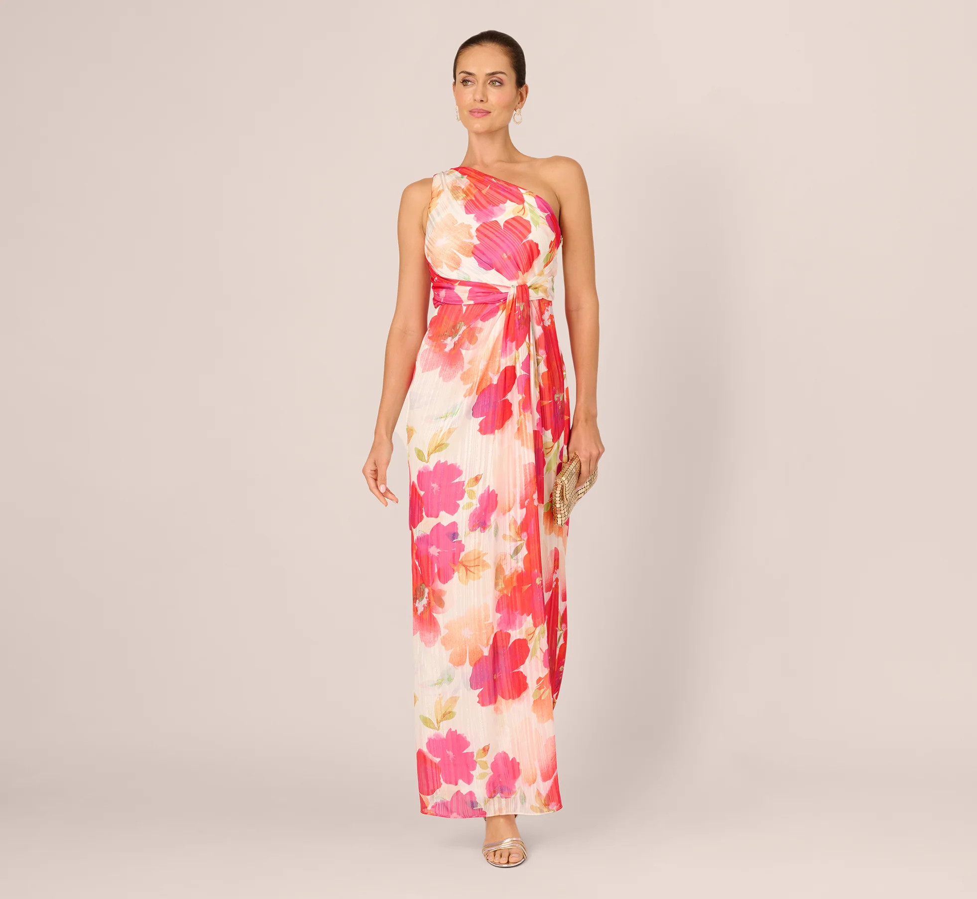 One Shoulder Watercolor Floral Stripe Gown In Ivory Pink Multi | Adrianna Papell