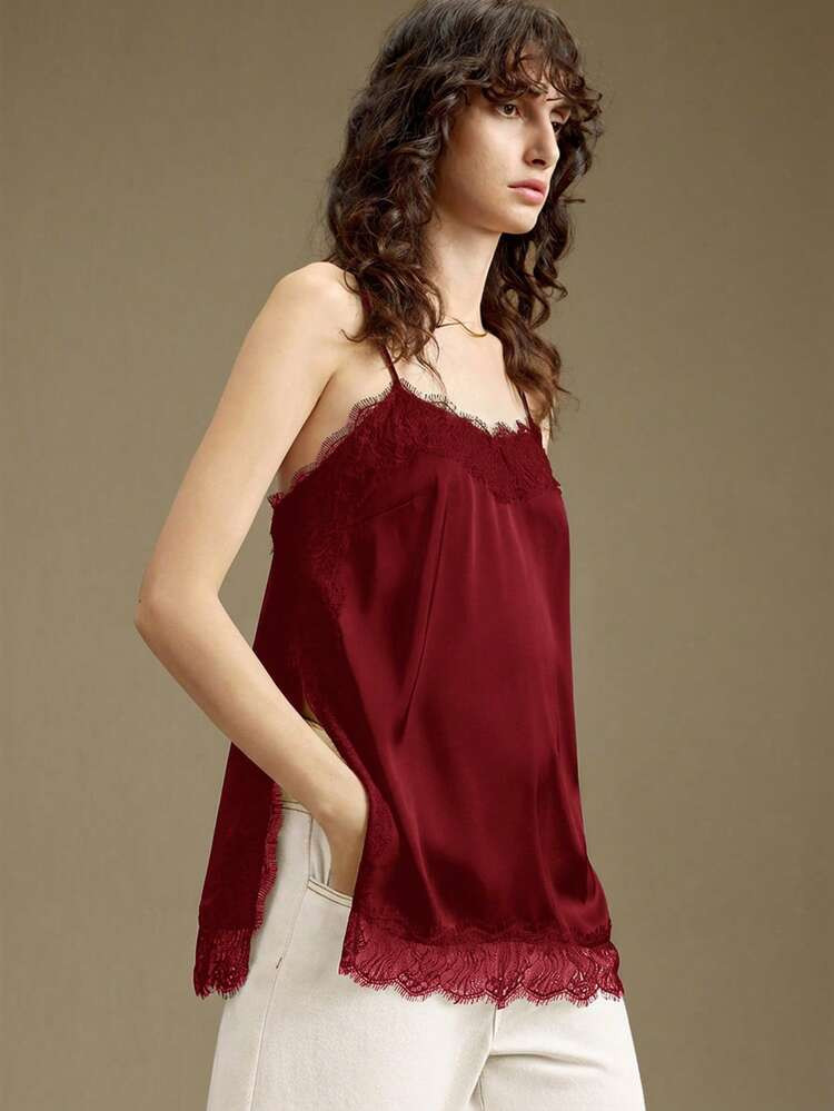 Ontre Women's Burgundy Satin Fabric Comfortable Soft Lace Trim Spaghetti Strap Side Slit Design Camisole Top, Suitable For Urban Commute, Business Casual, Elegant, Valentine's Day, Summer, Wedding Guest, Holiday | SHEIN