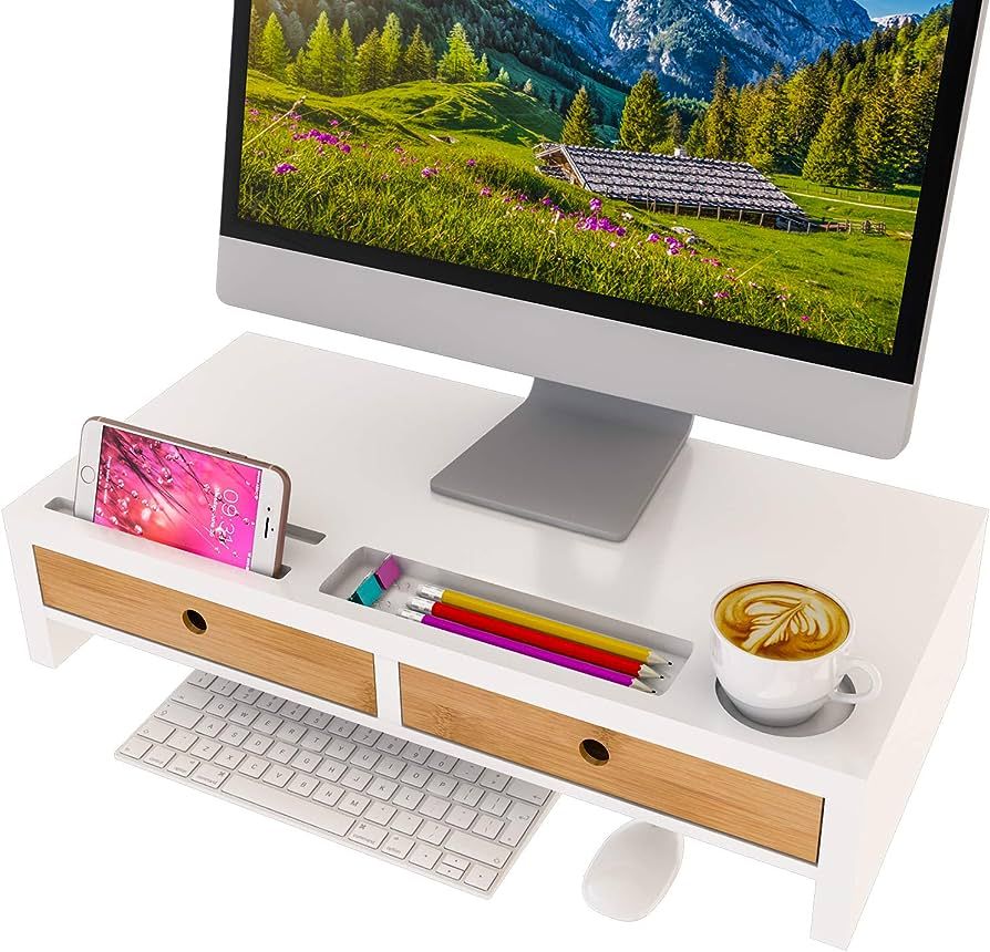 Computer Monitor Stand with Drawers - White Wood Laptop Screen Printer TV Riser 22.05L 10.60W 4.7... | Amazon (US)