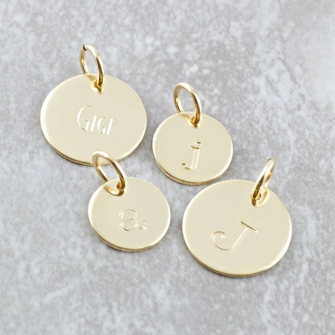 14k Gold Initial Charm  Personalized Initial Disc  Solid Gold Name Pendant  Tiny Gold Initial Cha... | Etsy (US)