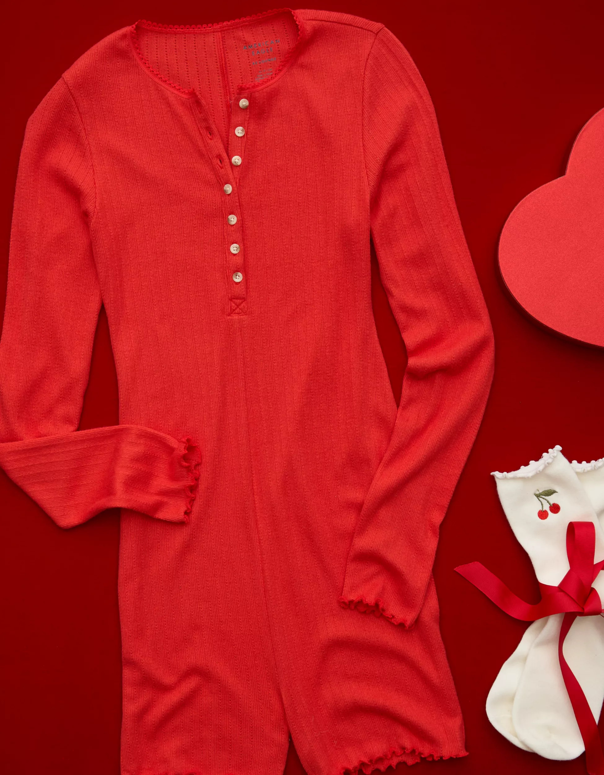 AE Long-Sleeve Lettuce Edge Lounge Romper | American Eagle Outfitters (US & CA)