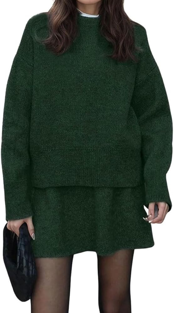 chouyatou Women's 2 Piece Sweater Skirt Sets Casual Loose Pullover Tops Mini Knitted Skirt Two Pi... | Amazon (US)