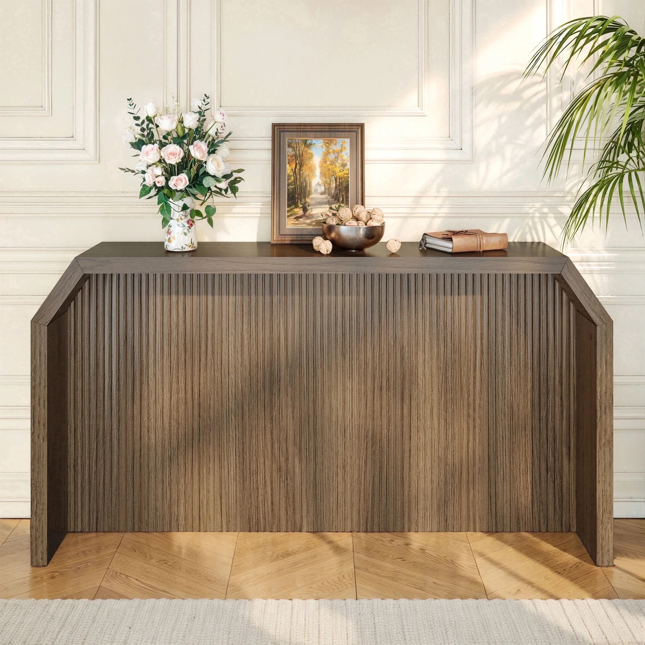 Techmilly 55.9" Fluted Sofa Console Table Behind Couch, Modern Vintage Fluted Entryway Table for Living Room, Hallway,Entry, Brown | Walmart (US)