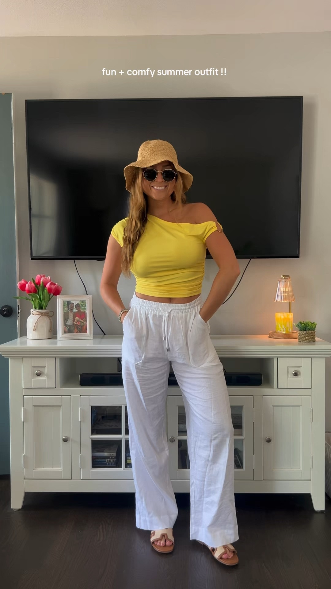 comfy summer outfit idea!!! everything fits true to size l.  linen pants outfit. straw bucket hat outfit.

#LTKootd