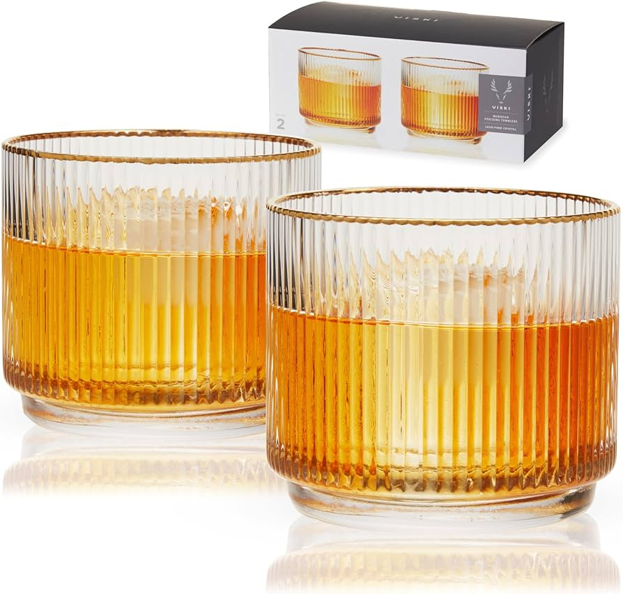 Viski Meridian Crystal Lowball Tumblers, Art Deco Whiskey Glasses, Crystal Scotch Glasses, Crysta... | Amazon (US)