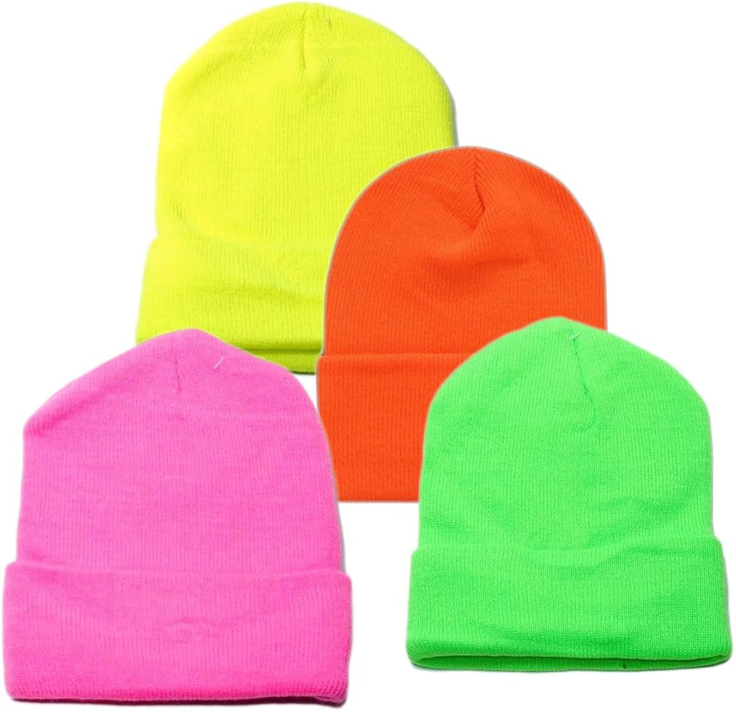 OPT Brand. Wholesale 4 Pieces Unisex Neon Knit Long Cuff Ski Plain Beanie Hats Cap Solid Color Be... | Amazon (US)