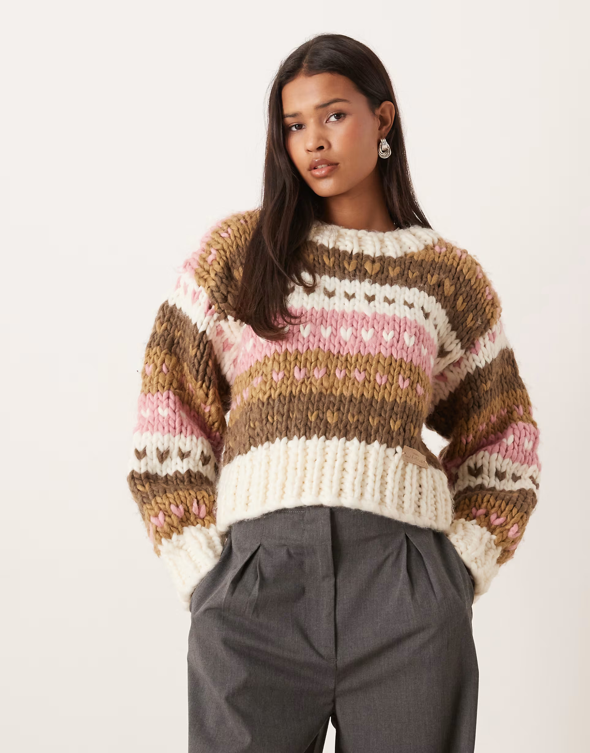 Kiwi & Co Gingerbread contains wool hand knitted heart fairisle knit jumper in neutral multi | ASOS (Global)