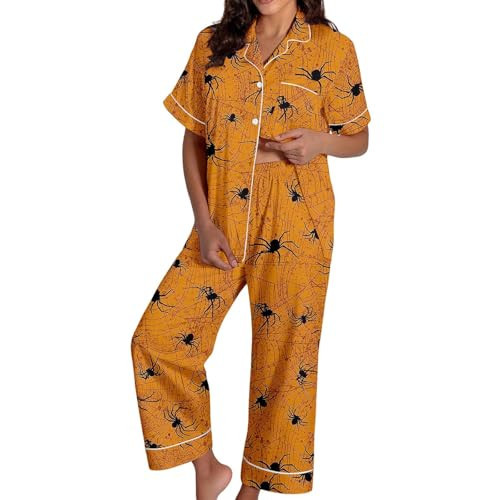 Halloween Pajamas For Women,Halloween Pajamas Women 2026 Fall Cute Satin Silk Orange Ghost Pumpkin Print Short Sleeve Button Up Tops And Pants Matching Lounge Pjs Sleepwear Outfits For Adults,XXL | Amazon (US)