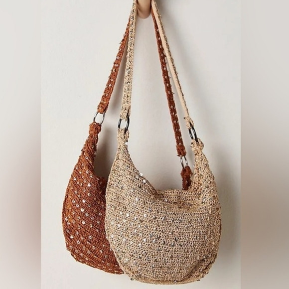 Free People Catch My Shimmer Bronze Woven Boho Sling Tote Bag Sequin | Poshmark