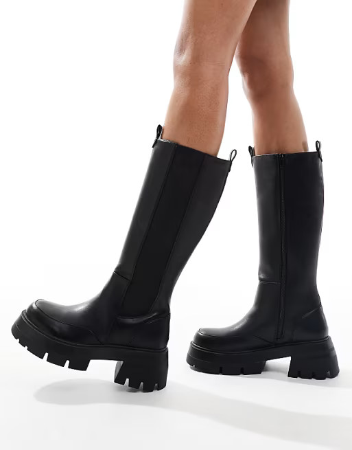 Public Desire Bryant pull on knee boots in black PU | ASOS (Global)