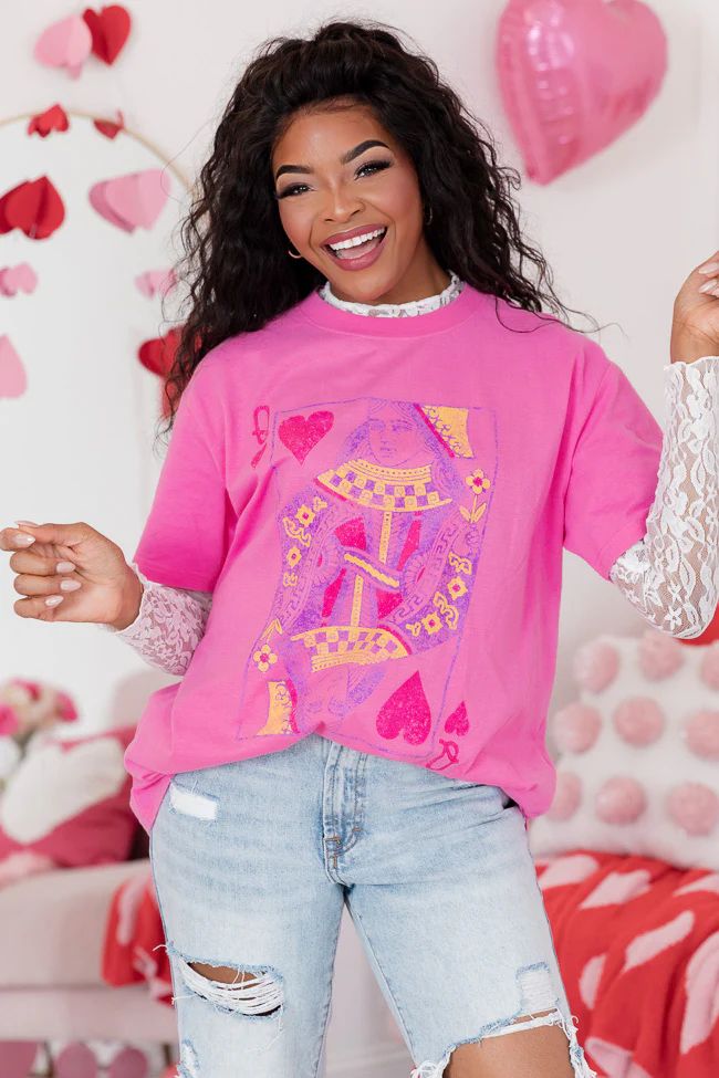 Queen of Hearts Hot Pink Oversized Graphic Tee | Pink Lily