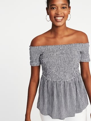 Old Navy Womens Relaxed Off-The-Shoulder Smocked Top For Women Navy Blue Gingham Size L | Old Navy US
