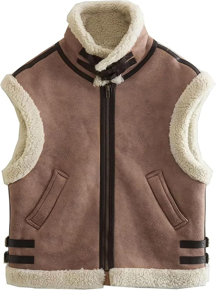 Vimyig Oversized Winter Fur Suede Vest for Women Warm Stand Collar Sleeveless Fleece Shearling Ja... | Amazon (US)