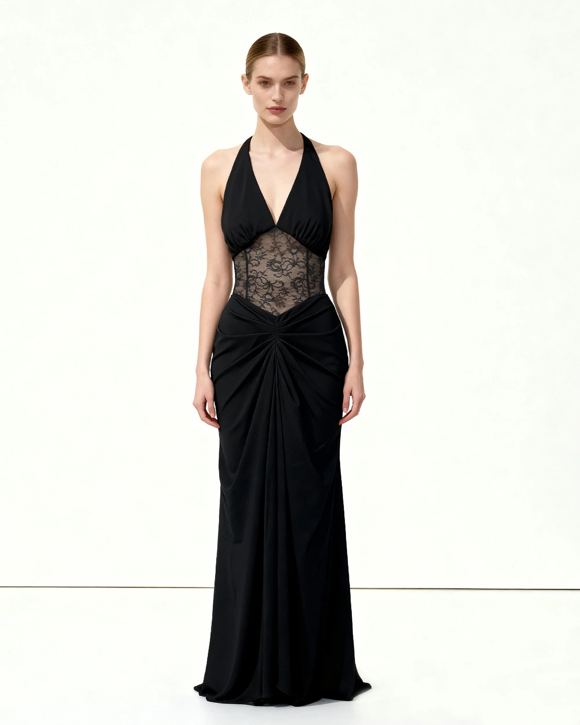 Ruched Lace Panel Maxi Dress - Black | JW PEI US