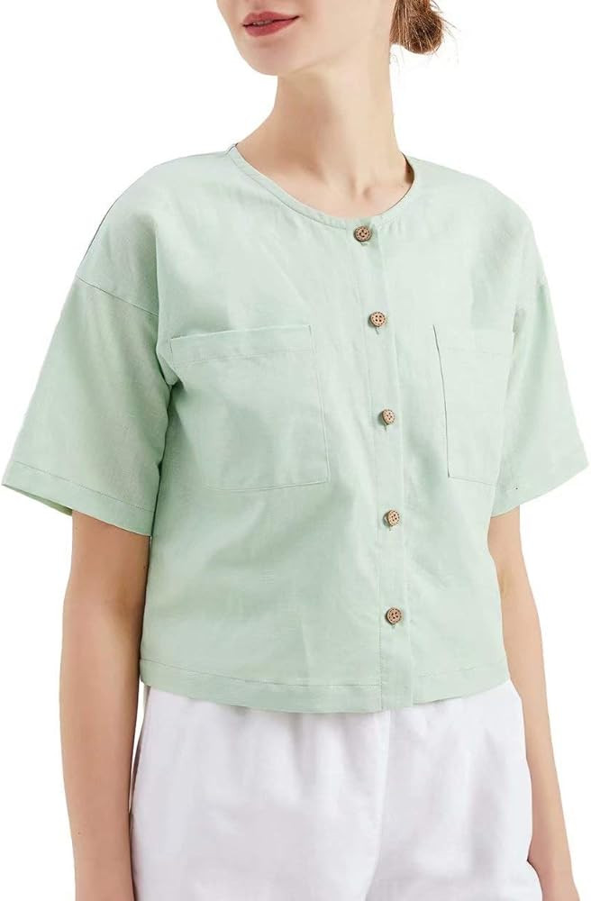 MEOMUA Women's Linen Blouses Button Down Short Shirt Cutie Summer Tops | Amazon (US)
