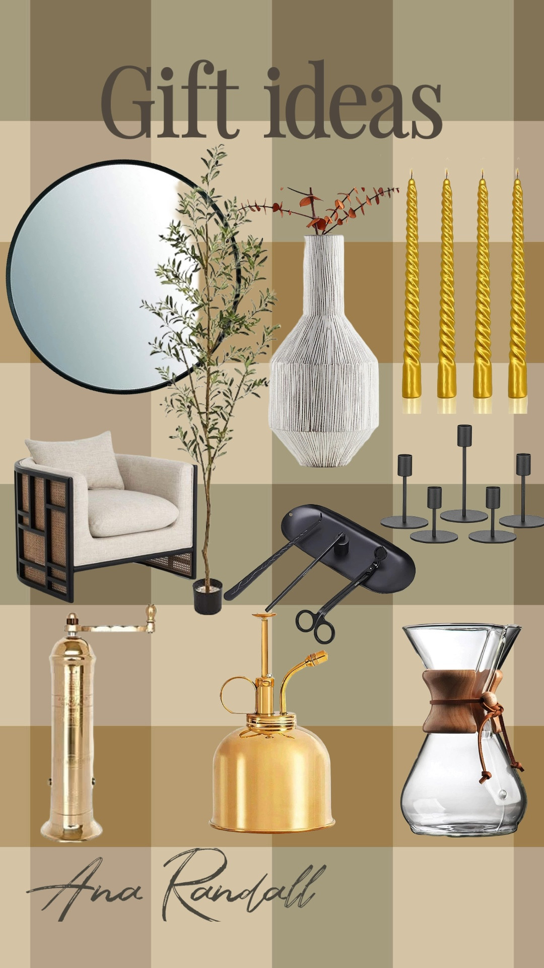 Gift ideas | Home & Cozy | Candle Accessory Set  | June Brushed Ebony Cane Chair | Olive Artificial Silk Trees Green | Gold Twisted Candlesticks Taper Candle | Black Candlestick Holders for Taper Candles | Lyman Scratched Vase | Umbra Hub Round Wall Mirror with Rubber Frame, Modern Decor for Entryways, Washrooms, Living Rooms and More | Indoor Plant Mister | The Original European Pepper Mill 8'' Brass Pepper Mill | Chemex Pour-Over Glass Coffeemaker - Classic Series - 8-Cup - Exclusive Packaging | Prices are subject to change | Crate & Barrel | Amazon | Pottery Barn | 

#LTKhome #LTKGiftGuide #LTKwedding