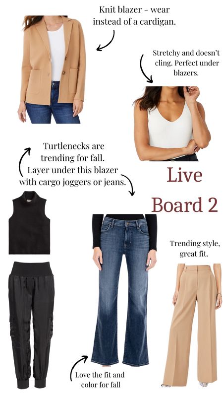 Board 2 of the Instagram Live. Sharing flare denim for fall, trending turtlenecks, joggers, knit blazers, trousers and a great shell to wear under all your jackets. 

#LTKSeasonal #LTKFind #LTKover40