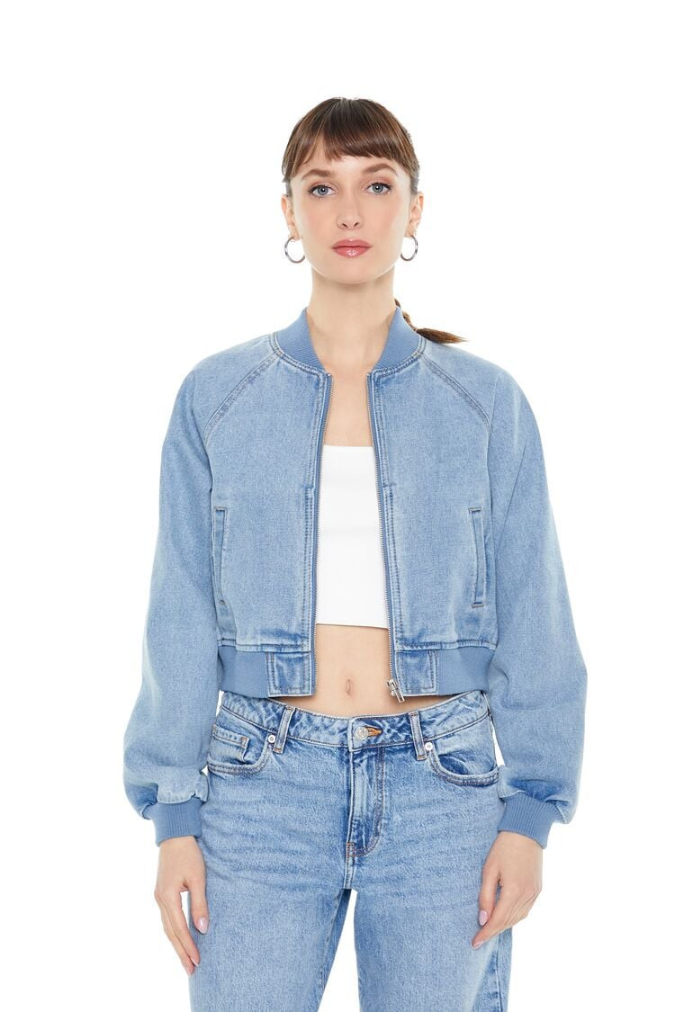 Denim Raglan-Sleeve Bomber Jacket | Forever 21