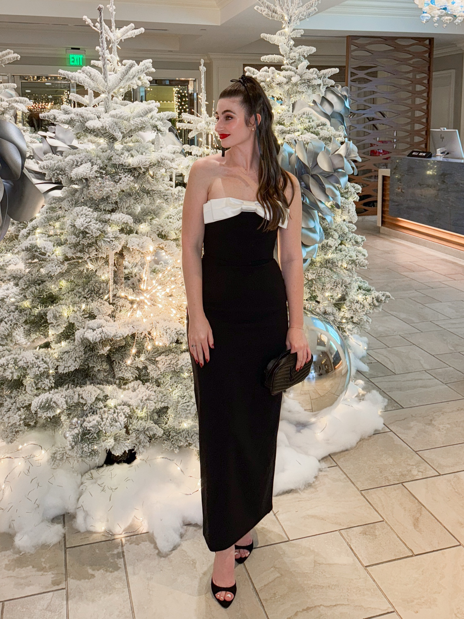 Holiday dress with bow . Wearing XS 

bow dress , Christmas dress , wedding guest dress , Brigette Bardot dress , black dress ,  black and white dress , hair bow , hair ribbon , red lipstick , black heel , YSL mini Lou , Steve Madden , Wayf dress 

#LTKGiftGuide #LTKHoliday #LTKWedding