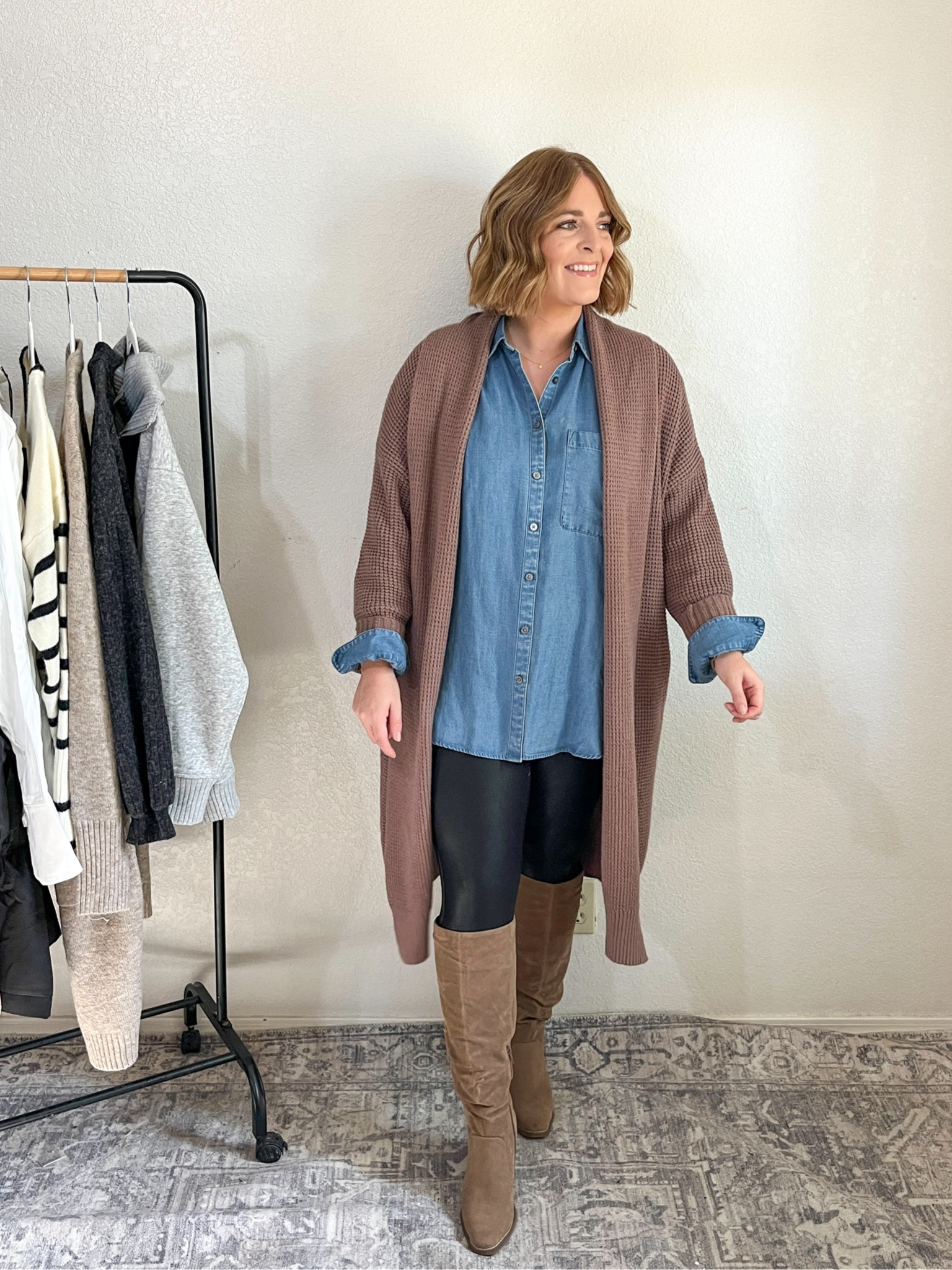 Thanksgiving Outfit Inspired// chambray top + cardigan

Top M (runs oversized)
Cardigan M
Leggings L
Boots size up 1/2 size 

#LTKmidsize #LTKfindsunder50 #LTKshoecrush