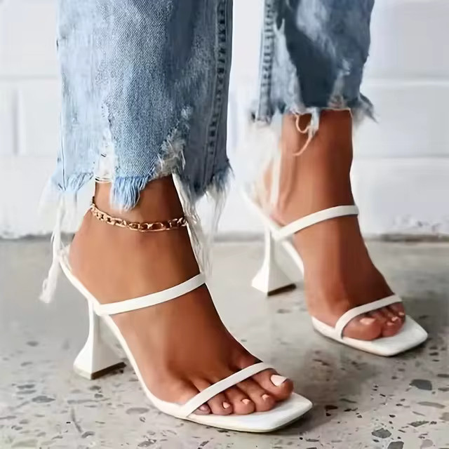 Salto alto estilete feminino, chinelos de banquete casuais, alças de uma linha, tamanho grande, ... | Ali Express BR