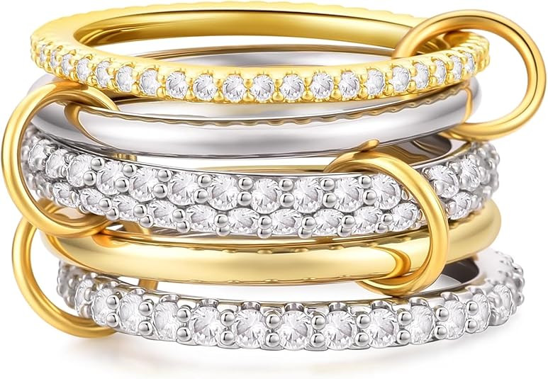 14K Gold Plated Interlocked Stackable Rings for Women Non Tarnish,Gold and Silver Cubic Zirconia ... | Amazon (US)