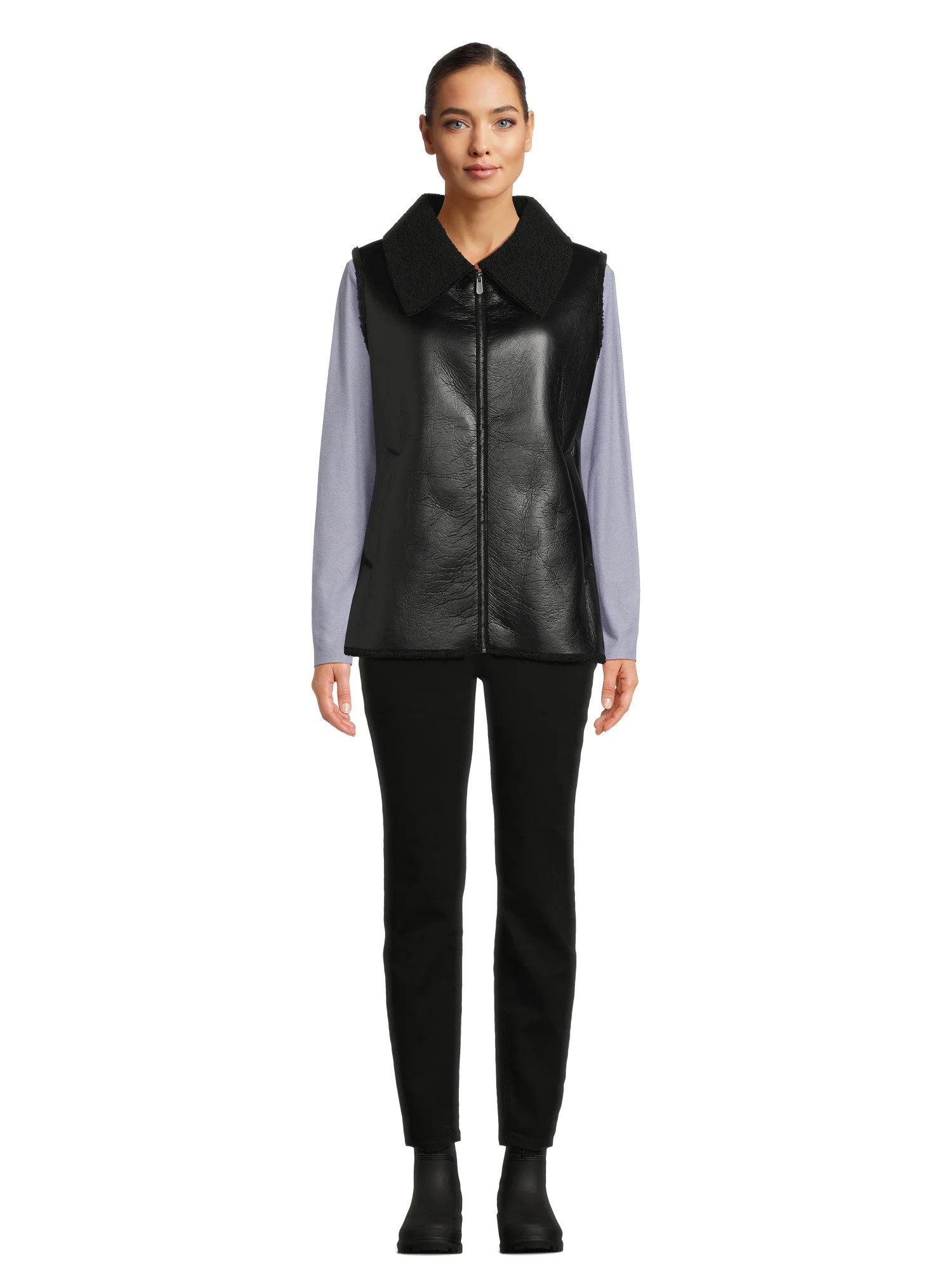 No Boundaries Women's Faux Leather Vest with Faux Shearling Lining, Black, Size L/XL - Walmart.co... | Walmart (US)