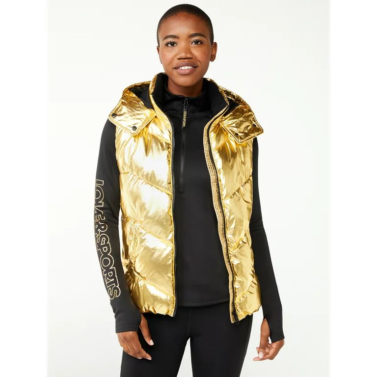 Love & Sports Women's Gold Foil Puffer Vest with Hood - Walmart.com | Walmart (US)