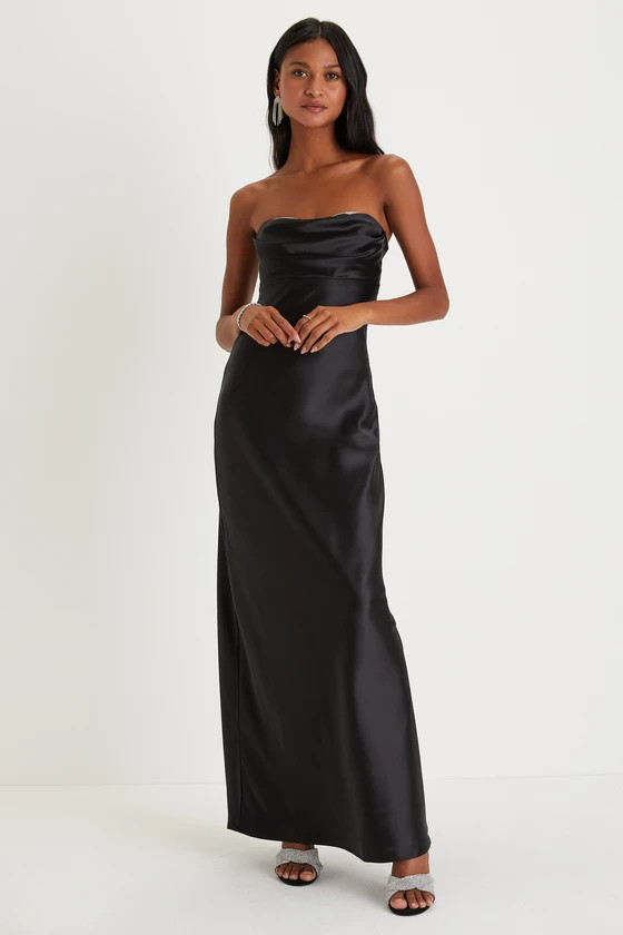 Exquisite Shine Black Satin Rhinestone Strapless Maxi Dress | Lulus