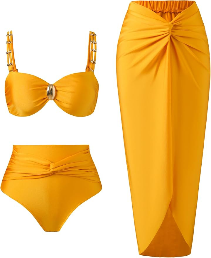 Amazon.com: YUNIDMEIM 3 Piece Swimsuits for Women Retro Bikini Set Beach Wrap Skirt High Waisted ... | Amazon (US)
