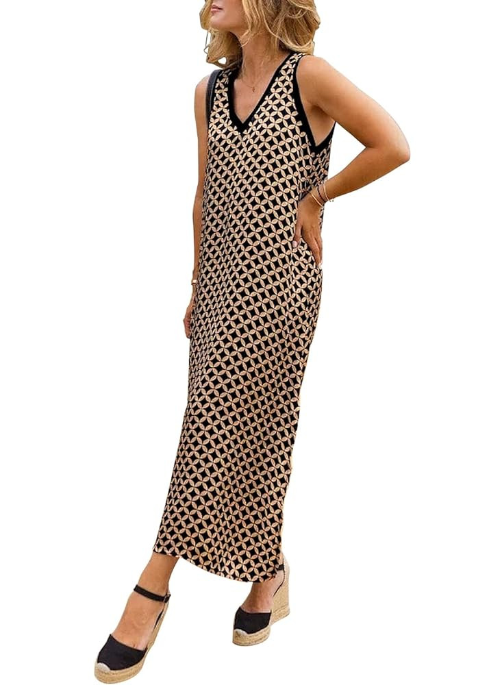 miduo Womens Casual Summer V Neck Sleeveless Floral Printed Beach Split Maxi Dress Sundress | Amazon (US)