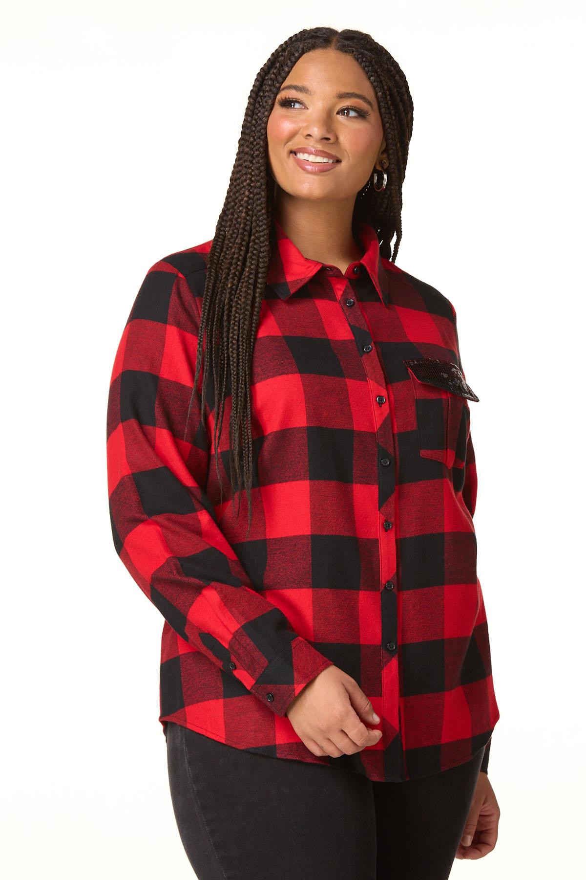 Plus Size Plaid Sequin Pocket Shirt | Cato Fashions