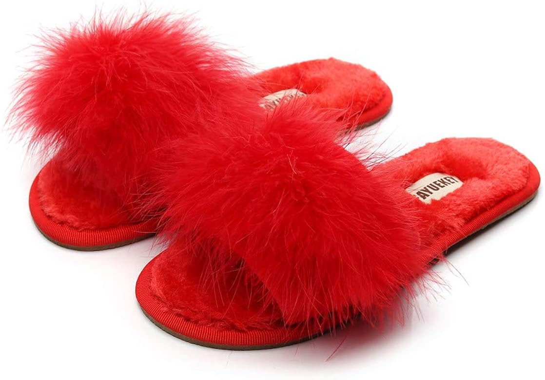 FAYUEKEY Fur Slippers for Women Summer Autumn Fluffy Furry Soft Plush Open Toe Slides Flats Shoes | Amazon (US)