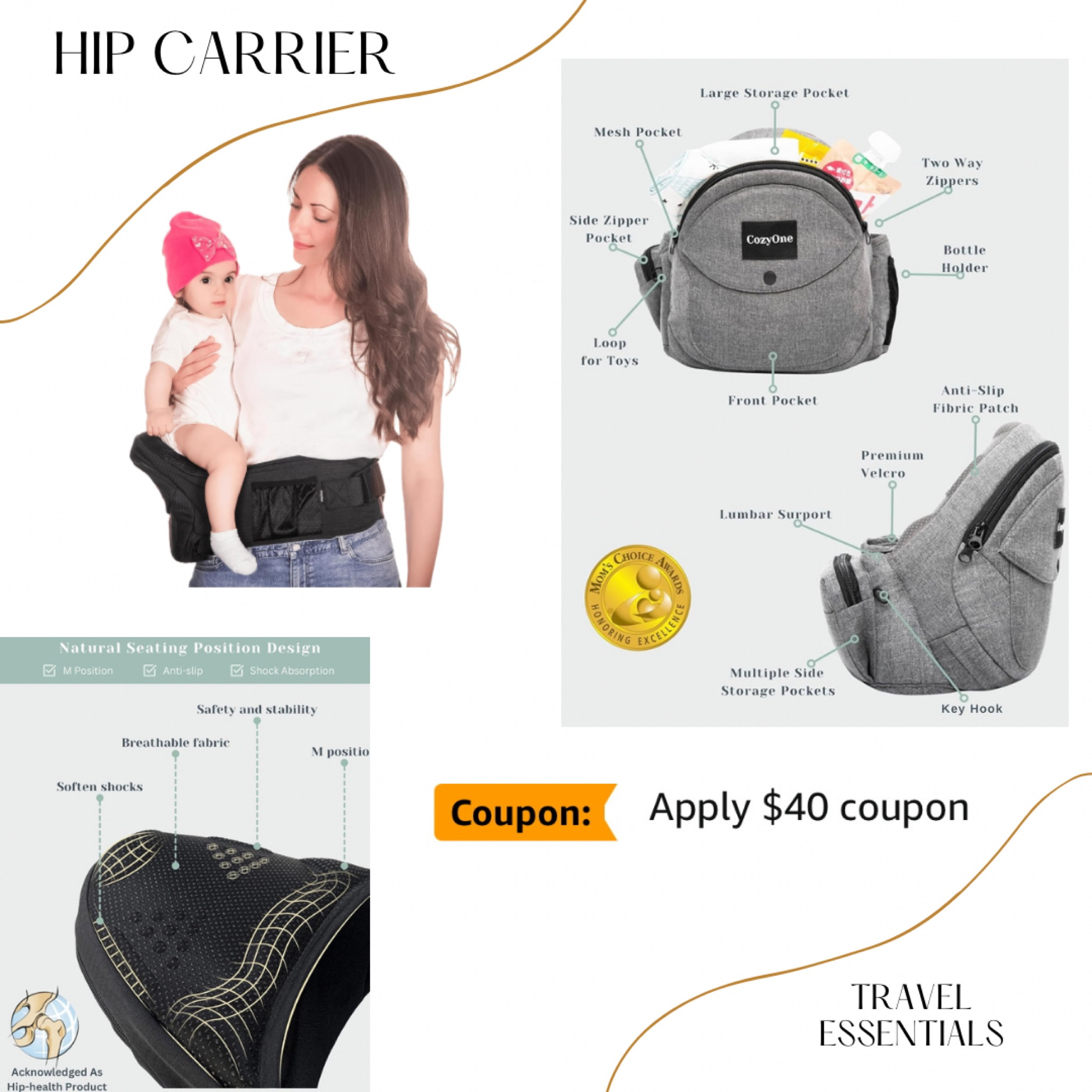 Baby Hip Carrier, Adjustable Waistband with Abdominal Support Design & Various Pockets for Newborns & Toddlers 8-44 lbs Carrier

AMAZON CA
