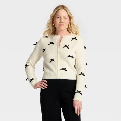 Women's Long Sleeve Party Cardigan Sweater - A New Day™ Cream/Black XS | Target