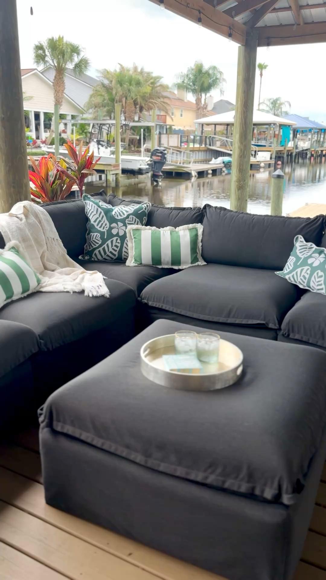 Unique outdoor pillow covers for a modern coastal or tropical vibe 
Green stripe pillow fringe palm leaf print dock patio

#LTKSeasonal #LTKHome #LTKSaleAlert