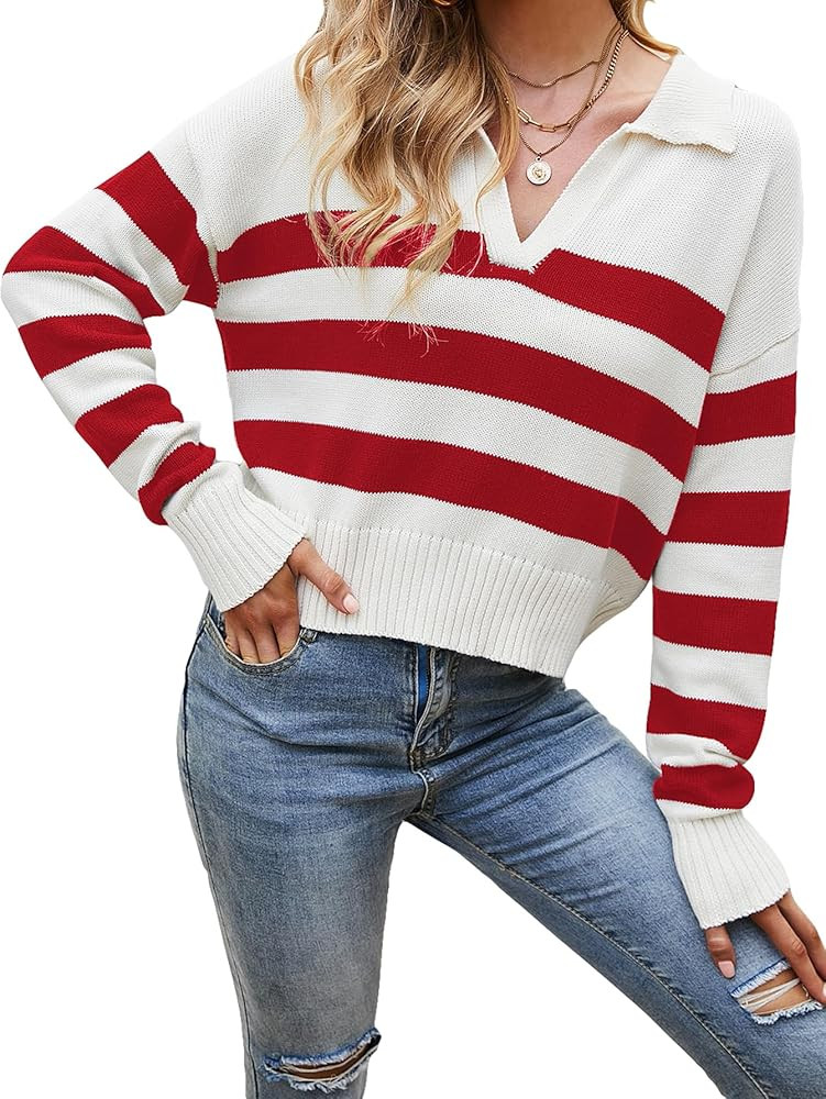 SHENHE Women's Casual Long Sleeve Knit Sweater V Neck Striped Pullover Jumper Tops | Amazon (US)