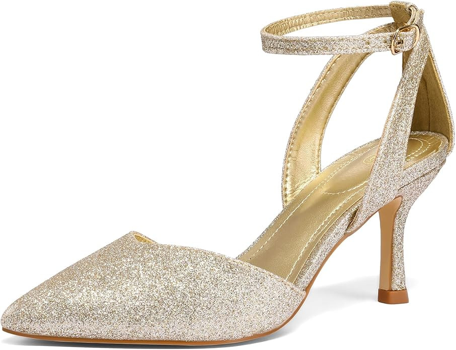 mysoft Women's Pumps Shoes Pointed Toe Kitten Low Heels Stiletto Ankle Strap Closed Toe Wedding P... | Amazon (US)