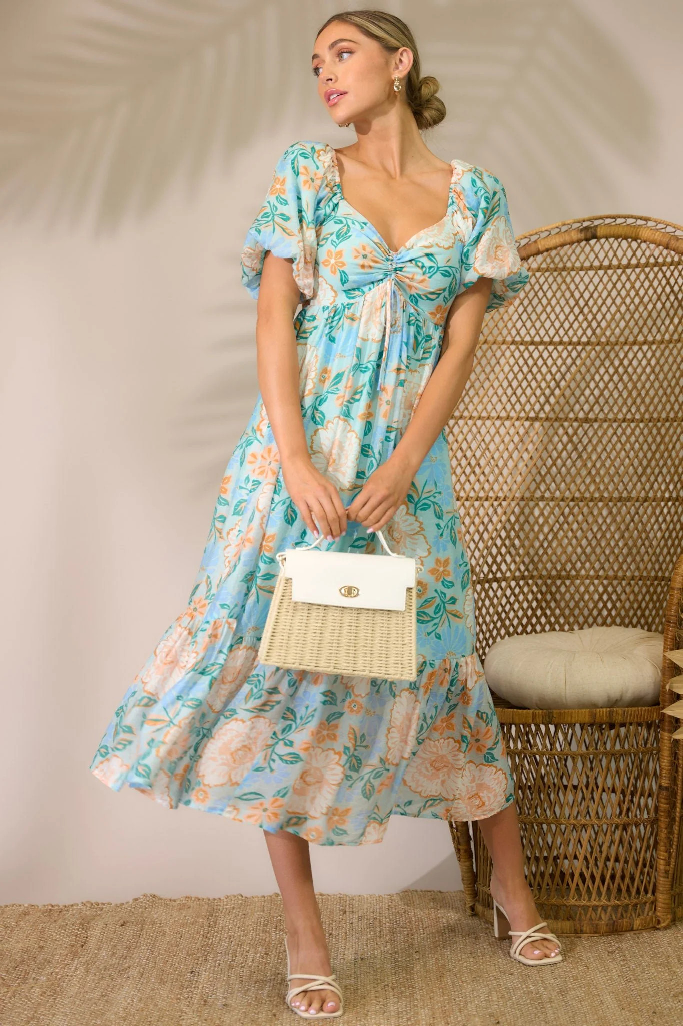 MINKPINK Evelyn Light Blue Puff Sleeve Midi Dress | Red Dress