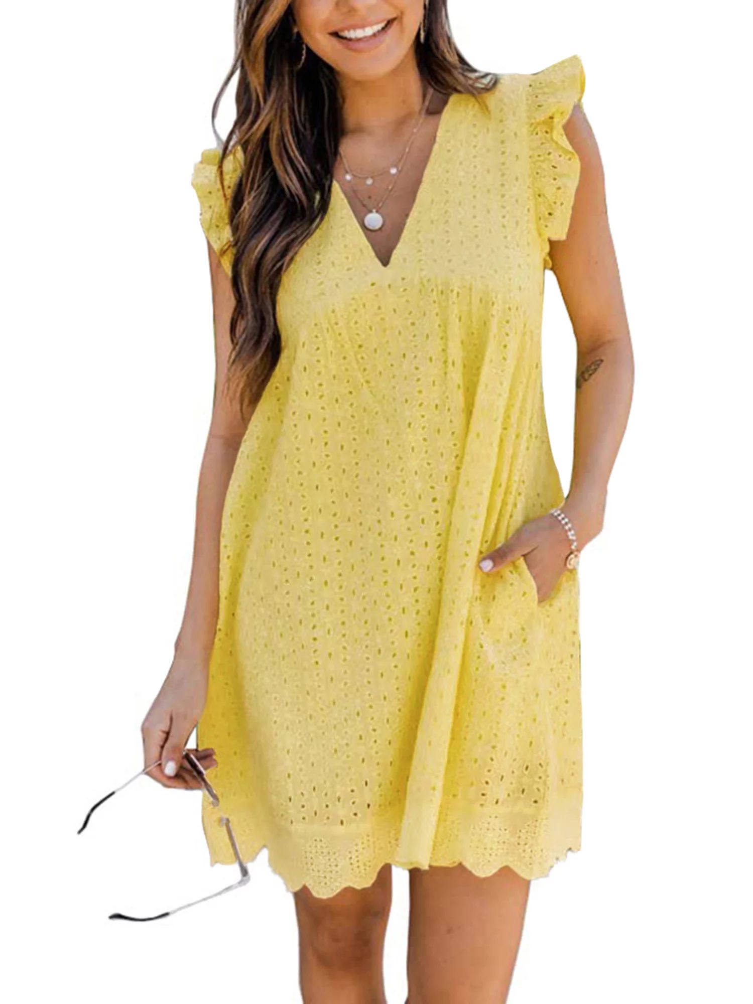 California Romper Dress with Shorts and Pockets Summer V Neck Solid Color Ruffle Sleeve Loose Cas... | Walmart (US)