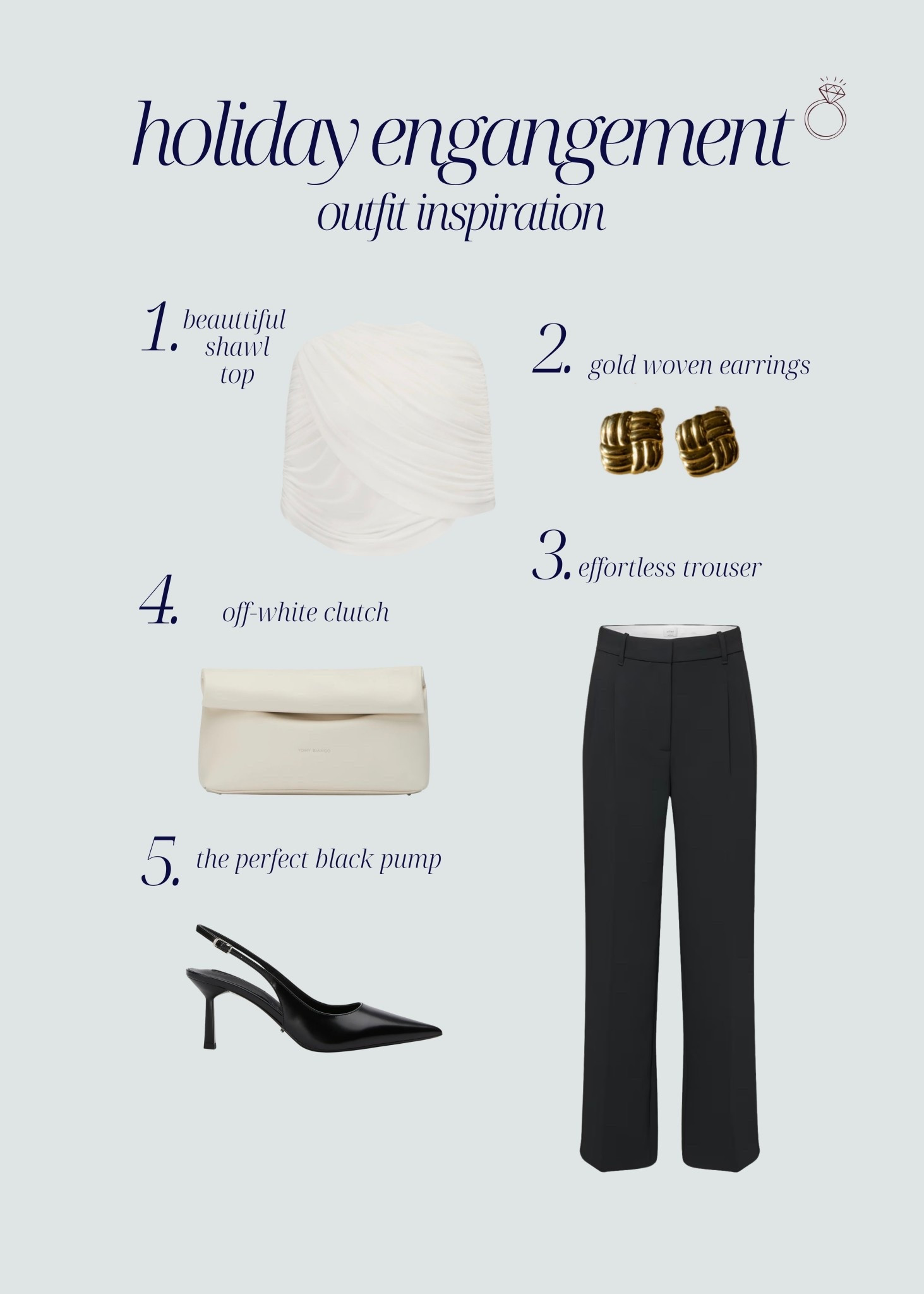 [12/4/25] holiday engagement outfit inspiration | sheer top + favorite black trousers | love how chic and subtle this is with the pops of white and gold. Linking similar options as well

[jacqmaria code is always viv15]

#LTKSeasonal #LTKWedding #LTKHoliday