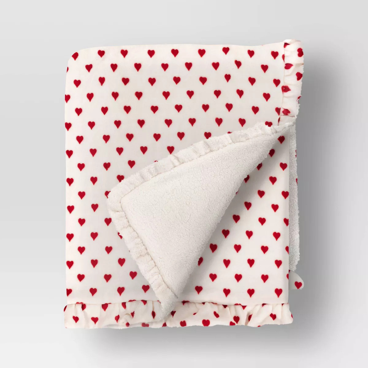 Mini Hearts Printed Plush Throw with Faux Shearling Reverse and Ruffled Trim Ivory/Red - Threshol... | Target