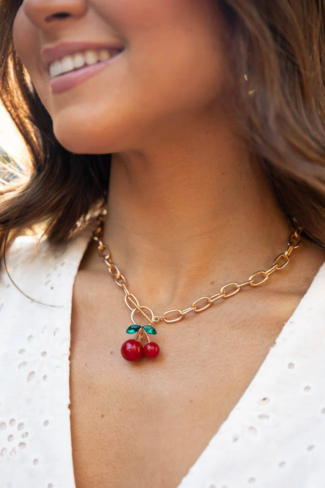 Gold Cherry Charm Necklace | Pink Lily
